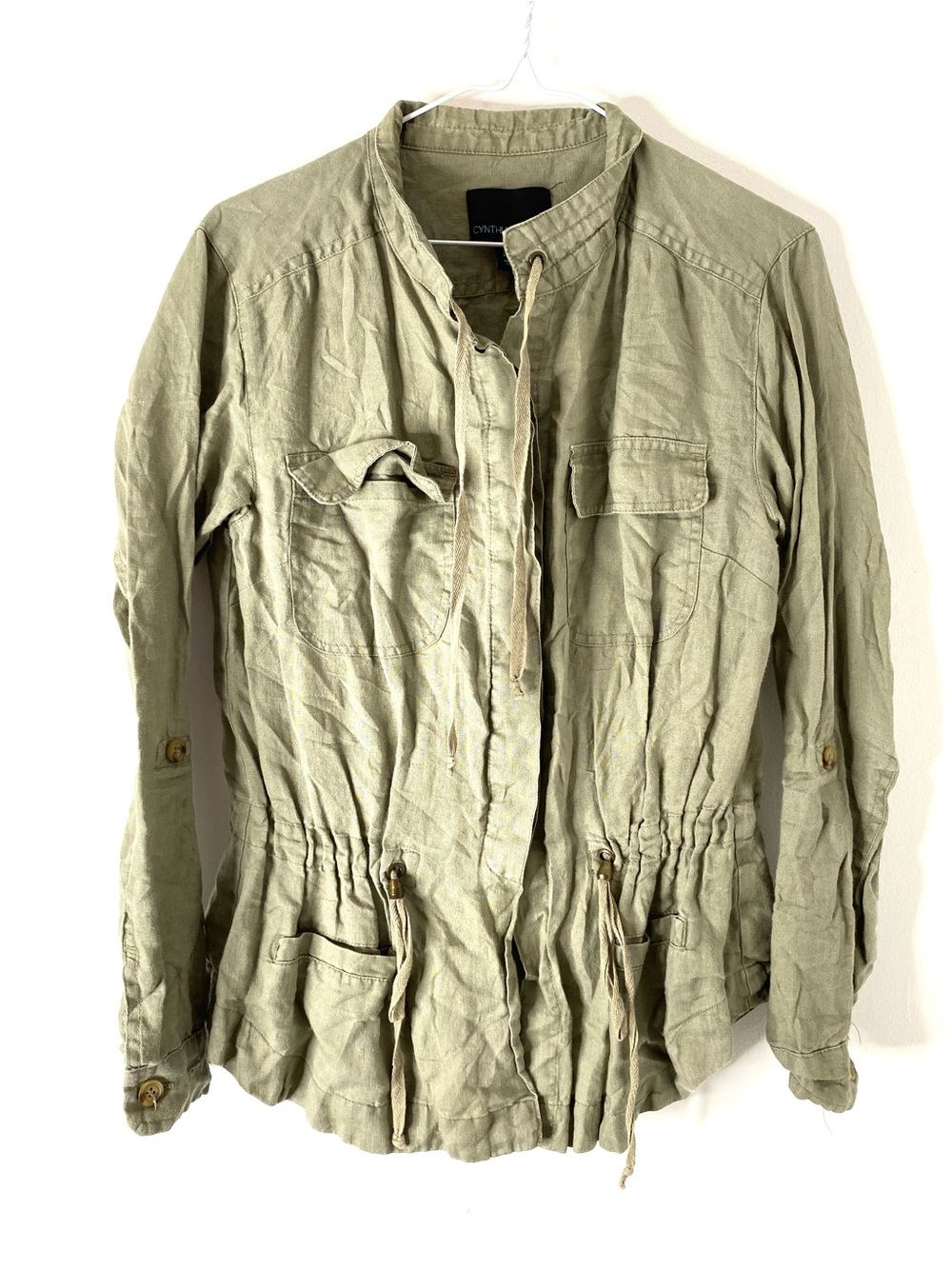 Cynthia Rowley Sage Green 100 Linen Utility Jacket Drawstring Safari Coat